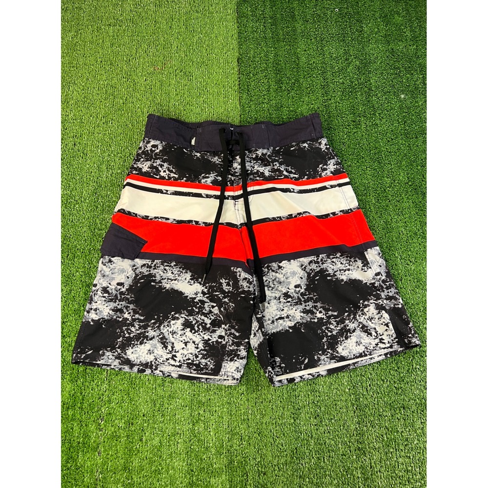No Fear Mens Board Shorts Medium Black Red White Striped Marble Surf Trunks M